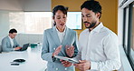 Boardroom, finance and tablet with business people in office for review of charts or statistics. App, data and meeting with employee team in financial workplace for investment or wealth management