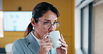 Coffee, finance and thinking with business woman in office boardroom for break or reflection. Drink, ideas and investment decision with mature broker in workplace for portfolio or wealth management