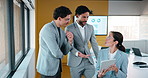 Finance, tablet and talking with business people in office for review of charts or statistics. App, conversation and data with employee team in financial workplace for investment or wealth management