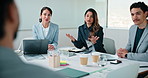 Meeting, discussion and business people with proposal for ideas, collaboration or planning together. Group, employees or conversation with advice for company growth, team performance or development