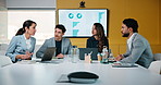 People, talk and meeting in office with data analysis, marketing insights or forecasting for campaign. Team, strategy or discussion in business with graphs, statistics or collaboration for ad trends.