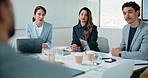 Business, people and talking in office for job interview, hiring process and question candidate. Hr, team and chat with applicant for recruitment, skills assessment and offer with salary negotiation