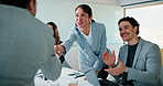 Interview, handshake or applause with business people in meeting for congratulations or thank you. Employees, colleagues or shaking hands with team clapping for recruiting or job hiring in workplace