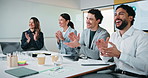 Happy, applause and meeting with business people for well done, thank you or success together. Group, employees or colleagues clapping with smile for performance, presentation or speech in workplace