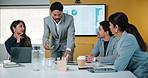 Meeting, conversation and business people in office with data analysis, plan and income growth idea. Team, writing and discussion in agency with graphs, statistics and strategy for revenue increase.