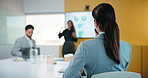 Meeting, presentation and back of businesswoman in office with finance question, idea or opinion. Discussion, raised hand and female financial manager with feedback on revenue growth in workplace.