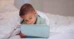 Tablet, relax and scroll with child in bedroom for streaming service, film app and entertainment search. Movie subscription, watching series and online cinema with kid in home for website and cartoon