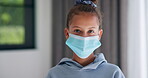 Face, mask and sick with child in home for diseases prevention, healthcare safety and virus risk. Medical ppe, wellness and bacteria protection with kid in apartment for influenza transmission