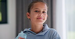 Face, mask and smile with child in home for diseases prevention, healthcare safety and virus risk. Medical ppe, wellness and bacteria protection with kid in apartment for influenza transmission