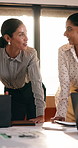Meeting, high five and women for business success, publishing goal or good reviews. Achievement, celebration and editor or team laughing, excited and happy for collaboration, growth or startup agency
