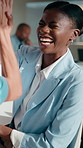 Speaking, laugh or businesswoman with high five in meeting, interest rate cuts or investment success. Stock market boost, teamwork or staff with celebration for revenue generation, office or happy