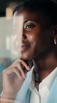 Thinking, business and black woman by window for finance strategy, investment decision and plan. Corporate, office and person with reflection with ideas, perspective and solution for financial growth
