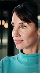Thinking, office and business woman by glass for finance strategy, investment decision and plan. Corporate, mature and person with reflection with ideas, perspective and solution for financial growth