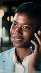 Night, business or black woman with phone call by window, negotiation or terms for company acquisition. Laughing, late or manager with mobile for deal discussion, happy or settlement cost in office