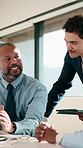 Businessman, meeting and discussion with team in office for project ideas, proposal or conversation. Man, employee or talking with colleagues for business plan, strategy or sharing tasks in workplace