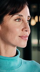 Thinking, mature and business woman by glass for finance strategy, investment decision and plan. Corporate, office and person with reflection with ideas, perspective and solution for financial growth