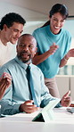 Happy, winning and business people with applause for success, achievement or good news in office. Excited, group or employees clapping with smile for teamwork, project accomplishment or celebration