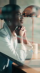 Laptop, cafe and black woman with thinking for remote work, opportunity and business. Inspiration, computer and professional freelancer with ideas, smile or vision for solution in coffee shop window
