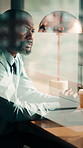 Laptop, black man and thinking in coffee shop with stress, worried or decision for online business. Mature, entrepreneur and typing in cafe for startup risk, confused or loan application in window