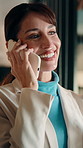 Woman, phone call and smile at window in office, talk or decision at interior design company. Person, happy and review with solution, insight or contact for feedback with renovation project at agency