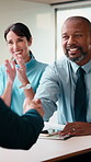 Applause, handshake and business people in office for meeting, partnership or finance deal. Happy, clapping and financial advisor shaking hands with investor for investment contract in workplace.
