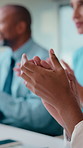 Applause, meeting and hands of business people in office with presentation for creative project. Collaboration, clapping and team of magazine editors with good news on publishing in workplace.