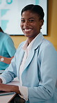 Face, laughing and businesswoman with laptop in meeting, investment research and forecasting career. Portrait, pc and analyst with economic data for financial planning, happy and confidence in office
