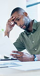 Office, document and man with stress, reading and bad news on paperwork or real estate fail. Property investor, anxiety and headache with rejected loan application, strain or overworked crisis