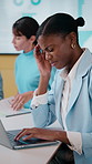 Laptop, research and businesswoman with headache in office, pain or tax preparation with info on web. Coworking, team and person with audit pressure, typing and bookkeeper with migraine in business
