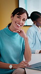 Face, confidence and business woman in meeting, investment research and smile for forecasting career. Portrait, pride and mature analyst with economic data for financial planning, laptop and office