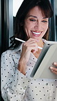 Thinking, business and woman on tablet for finance review, proposal and research. Financial advisor, stylus and mature person on digital tech for planning, budget report and investment strategy
