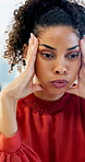 Office, headache and woman with stress, reading and bad news on document or real estate fail. Property investor, anxiety and paperwork with rejected loan application, strain or overworked crisis