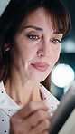 Office, business and woman on tablet with stylus for finance review, proposal and research. Financial advisor, night and mature person on digital tech for planning, budget report and bookkeeping