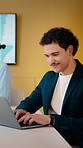 Typing, reading or man with laptop in creative agency, data analysis report or review consumer trends. Brand awareness, smile or marketer with social media info for planning, pc or promotion proposal