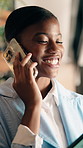 Phone call, happy and black woman in office for communication, contact or finance negotiation. Smile, cellphone and African financial manager on mobile discussion for investment proposal in workplace