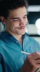 Thinking, business and man on tablet at night for finance review, proposal and deadline. Financial advisor, office and person on tech with digital pen for planning, budget report and profit strategy