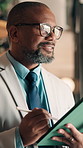 Thinking, glasses or black man in firm with tablet, forecast insight or approval of budget plan. Smile, reflection or mature finance advisor with tech, growth idea or positive feedback on investment.