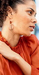 Shoulder pain, stress and business woman in office with fatigue, injury or ergonomics issue. Burnout, tension and person with muscle sprain, inflammation or arthritis or bad posture in workplace