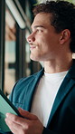 Thinking, smile or man in firm with tablet, forecasting insight or approval of budget plan. Happy, reflection or finance consultant with tech, growth idea or positive feedback on investment report.