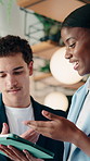 Talking, office and business people on tablet for online project, marketing campaign and planning. Startup, collaboration and man with woman on digital tech for strategy, advice and creative proposal
