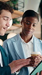 Talking, office and business people on tablet for online project, marketing campaign and planning. Startup, collaboration and man with woman on digital tech for strategy, advice and creative proposal