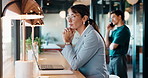 Businesswoman, thinking and remote work in coffee shop with laptop, insurance plan and typing proposal. Freelancer, mature person and vision in cafe with computer, glasses or website for policy cover