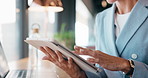 Typing, hands or business person with tablet in cafe, remote work or review for expenses evaluation. Coffee shop, scroll or financial planner with email for wealth generation idea, freelancer or tech