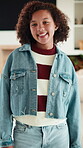 Wellness, face and girl in house with smile, positive attitude and chill on weekend break. Happiness, portrait and child in home with good mood, confidence and peaceful holiday for youth wellbeing.