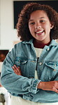 Wellness, face and girl in house with arms crossed, positive attitude and chill on weekend break. Happy, portrait and child in home with good mood, confidence and peaceful holiday for youth wellbeing