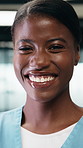 Laugh, nurse and face of woman in hospital for medical service, internship and career. Healthcare, happy and portrait of African person with pride for wellness support, medicare and clinic care