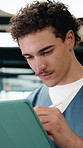 Nurse, man and stylus in clinic with tablet, evaluation and online research for medical residency. Person, healthcare intern and writing notes in hospital with tech, review or reading for case study.