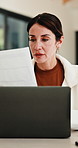 Laptop, reading and businesswoman in home with documents for finance report with remote work. Paperwork, computer and female financial manager with email for investment feedback with freelance career