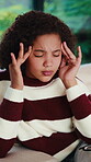 Headache, tired and child in house with massage, eye strain and frustration with discomfort. Eyewear fatigue, uncomfortable and kid with migraine pressure, brain fog and sore head with dizziness.