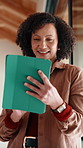 Tablet, reading and woman in home with research for budget planning, finance or savings. Digital technology, happy and female person with online blog on financial investment in living room at house.